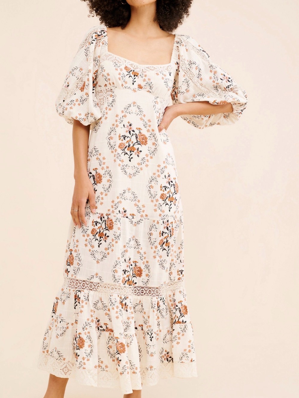 Free People Cream Floral Maxi Dress with Puff Sleeves
